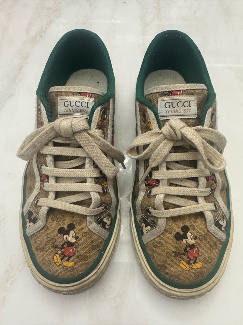 Authentic rare Gucci Beige Green Mickey Mouse Tennis Sneakers